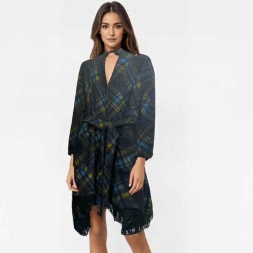 Samuel Dong Wool Check Fringe Wrap Coat Shawl Pockets Tartan Poncho Oversized L - Picture 3 of 16